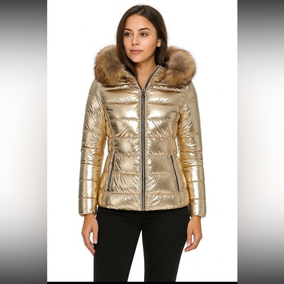 NV Apparel Jackets & Blazers - Puffer Jacket Winter Women Warm Quilted Bubble Fur Hood Coat Medium Gold Shimmer